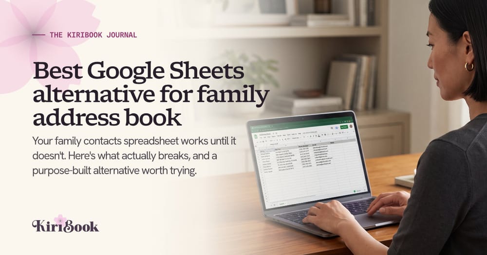 Someone updating a family address book spreadsheet on a laptop, with columns for name, address, phone, and email