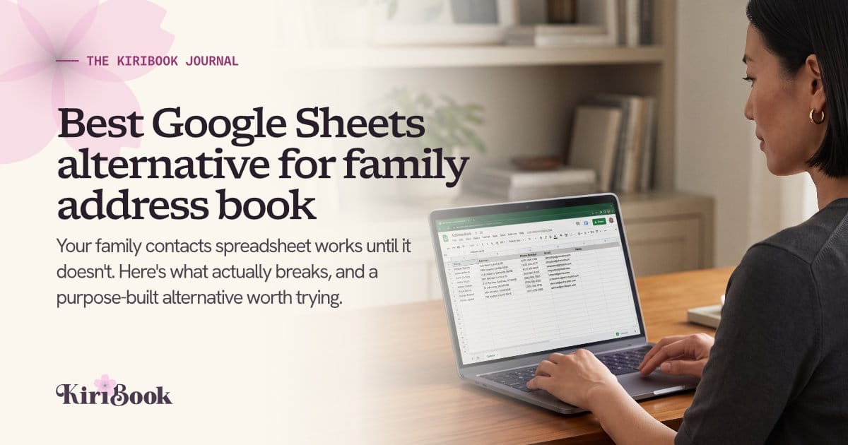 Someone updating a family address book spreadsheet on a laptop, with columns for name, address, phone, and email
